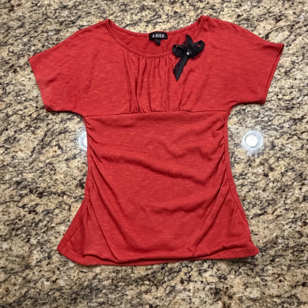 A. Byer Red Y2K Empire Waist Ruched Top Black Lace Bow Accent Womens Medium v